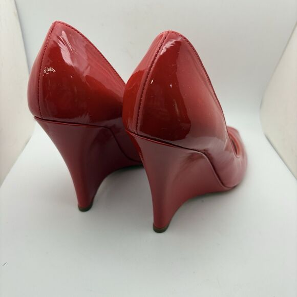 Casadei Red Blade Patent Leather Peep Toe Wedges 6.5 Made In Italy 4 INCH Heel - Picture 6 of 8